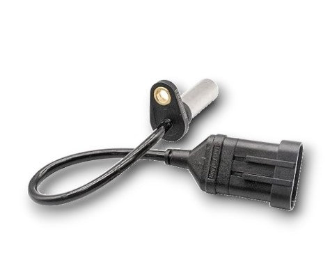 Automotive inductive speed sensor with a mounting bracket and electrical connector.